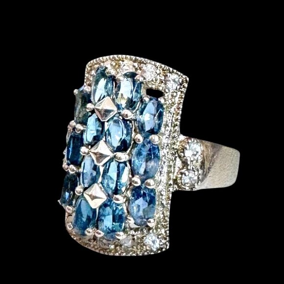 Sterling Silver London Blue Topaz & Czs Cocktail Statement Ring – Size 6 - Picture 1 of 15